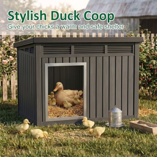 Large Chicken Coop with Hydraulic Air Rod, Resin Duck Coop with Elevated Floor and Air Vents, Backyard Poultry Pet Shelter with Weatherproof Openable Roof, for Chicken, Ducks, Rabbits, Black - Image 3