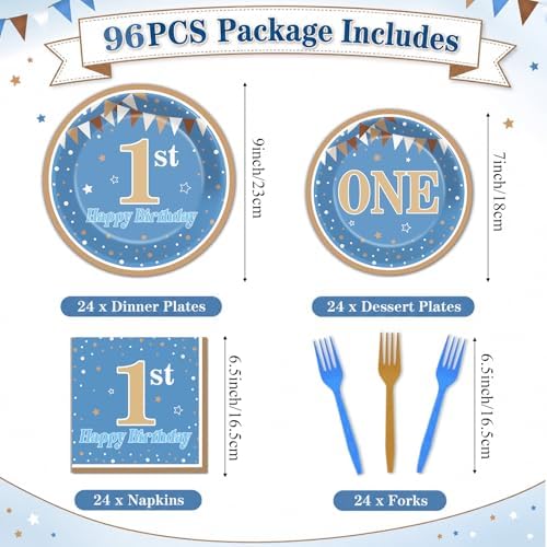 96PCS Baby Boy First Birthday Party Paper Plates and Napkins Blue and Brown 1st Birthday Disposable Plates 1st Blue Dinnerware Set for Boys One Year Old Baby Shower Birthday Gatherings Decorations - Image 2