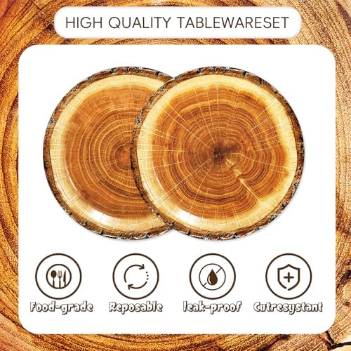 48pcs Camping Wood Grain Slice Party Decoration Set,16 Dessert plate,16 Napkin And 16 Fork,Disposable tableware for 16 persons,Used for Fire Camping Woodland Animal Lumberjack Party Supplies - Image 4