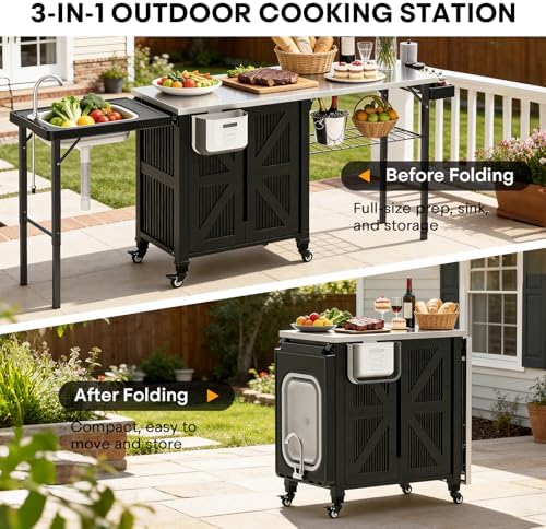 Grill Cart with Foldable Sink, Outdoor Storage Cabinet, Outdoor Grill Cart with Wheels, Kitchen Island with Folding Trash Can for Barbecue, Backyard, Garden & Outdoor Kitchen - Image 4