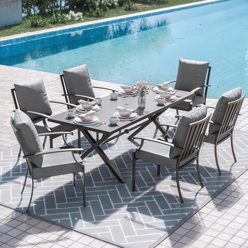 ALAULM 7-Piece Patio Dining Table and Chairs Outdoor Dining Set for 6 Patio Dining Sets with Rectangular Metal Table with Umbrella Hole for Patio, Backyard, Garden-Grey by ALAULM