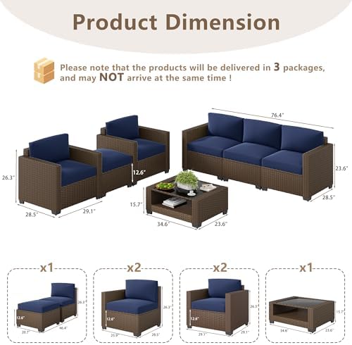 LOUVIXA 7 Piece Outdoor Patio Furniture Set, Rattan Chairs Glass Table Wicker Conversation Seating Sectional Sofa with Cushions (Brown-Navy, 7Pcs-2 Layer Coffee Table) - Image 2