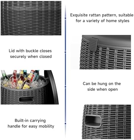 EasyUp 9.5 Gallon Outdoor Cooler Table, Wicker Round Ice Bucket for Parties, Rattan Bar Table with Top Lid Side Handles Drainage Plug, Beer Wine Cooler Side Tables for Patio, Poolside, Deck, Black - Image 5