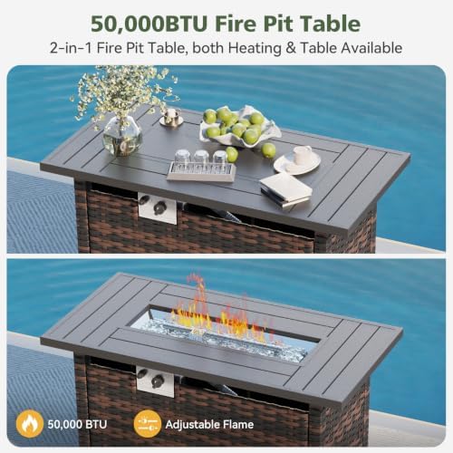 Aoxun 10 Piece Outdoor Patio Furniture Set with 44'' Fire Pit Table, Outdoor Patio Furniture Sets with Coffee Table, Wicker Rattan Outdoor Conversation Set with Ottoman for Backyard & Garden, Beige - Image 6