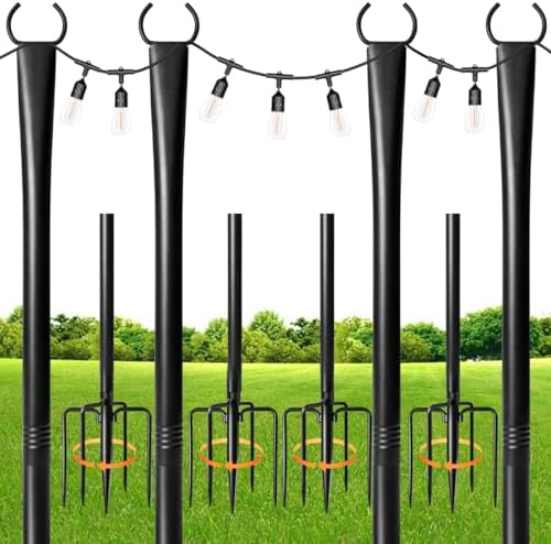 MuliVid 4 Pack String Light Poles for Outdoor,Metal Light Hanging Pole Outside with Fork,Light Stand for Patio, Pergola, Garden, Backyard, Yard, Camping Party (4 Pack) by Unknown