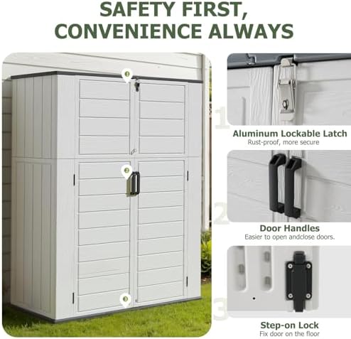 Aoxun 61 Cu.Ft Outdoor Storage Shed, Widened Outdoor Storage Cabinet Waterproof Vertical Resin Shed with Floor for Garden Tools, Pool Equipment, Easy to Assemble(White&Grey) - Image 5