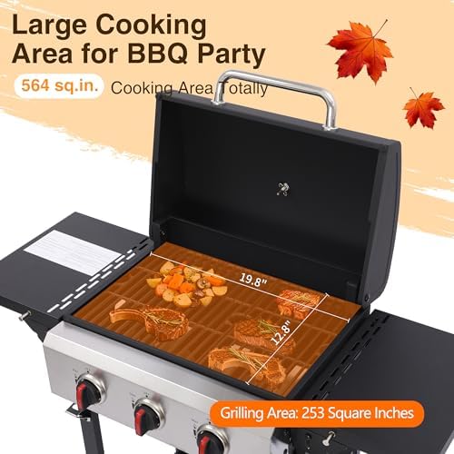 3-Burner Propane Gas Grill with Cast Iron Grates, 38200 BTU output,Foldable Side Shelves for Portable Outdoor Patio Camping, Black (3 Burner) - Image 3