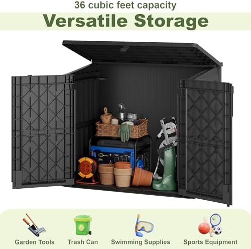 36 Cu Ft Resin Outdoor Storage Shed, Weatherproof Horizontal Outdoor Storage Cabinet with Dual Lock Door for Backyard, Patio, Garage, Garden(Black) - Image 4