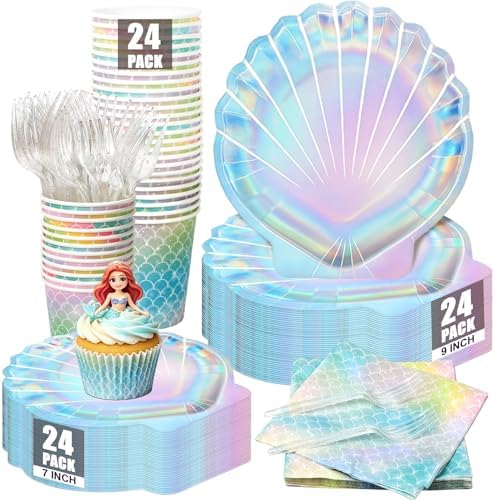 120Pcs Mermaid Paper Plates and Napkins Party Supplies,Serve 24 by CENLBJ