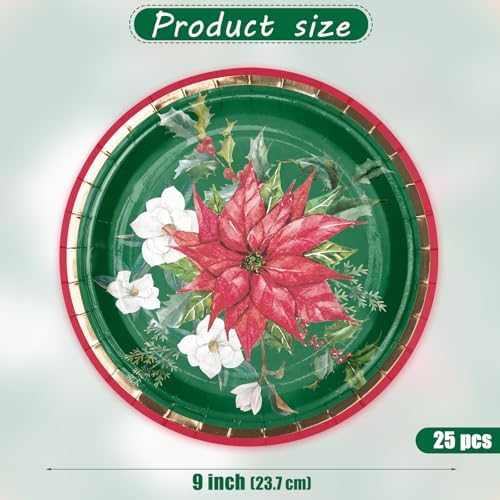WRAPAHOLIC 25Pcs Christmas Paper Plates - 9 Inch Gold Foil Poinsettia Flower Disposable Plates Decorative Dinner Plates for Christmas Party Tableware Supplies Table Decor - Image 2