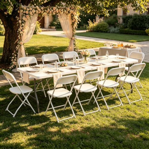 8 FT Plastic White Folding Table Set with 10 White Folding Chairs - Image 2