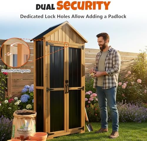 Outdoor Storage Cabinet with Shelves, Wood & Metal Storage Shed with Weatherproof Roof, 3 Removable Shelves, Double Lockable Doors, Adjustable Feet, Outside Storage Cabinet for Garage,Backyard, Patio - Image 6