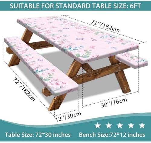 Butterfly Picnic Table Cover with Bench Covers, Camping Essentials, Flower Leaf Plant Waterproof Windproof Table Cover, Fitted Tablecloth Cover with Elastic Edge, for Indoor & Outdoor 3 PCS 30x72 Inch - Image 3