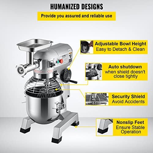 VEVOR Commercial Stand Mixer, 20Qt Stainless Steel Bowl, 1100W 2 in 1 Multifunctional Electric Food Mixer with Meat Grinder & 3 Speeds, Dough Hook Whisk Beater Included, Perfect for Bakery Pizzeria - Image 6