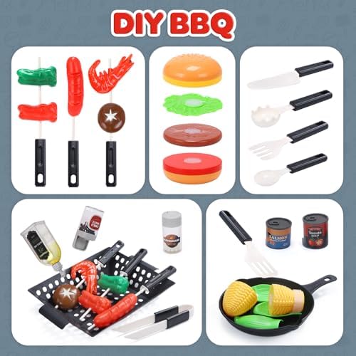 CUTE STONE Kids BBQ Grill Toys, Color Changing Play Food, Sizzling Sound & Light Effects, Cool Mist Spray, Pretend Cooking with Frying & Grilling, 2-Tier BBQ on Wheels - Kitchen Toy, Birthday Gift - Image 6