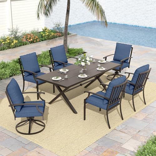 ALAULM 7-Piece Patio Dining Table and Chairs for 6 Outdoor Dining Set with 2 Swivel Chairs Patio Dining Sets with Rectangular Metal Table with Umbrella Hole for Patio, Backyard, Garden-Dark Blue by ALAULM