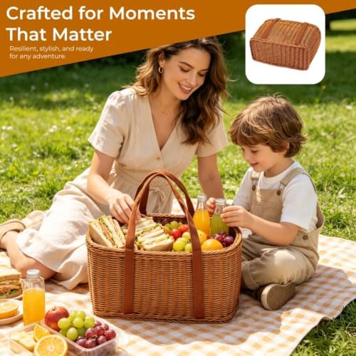 Shopping Wicker Basket with Handles, Handwoven Picnic Basket, Portable Storage Decor for Kitchen, Home, Outdoor and Farmers Market (S+M) - Image 5