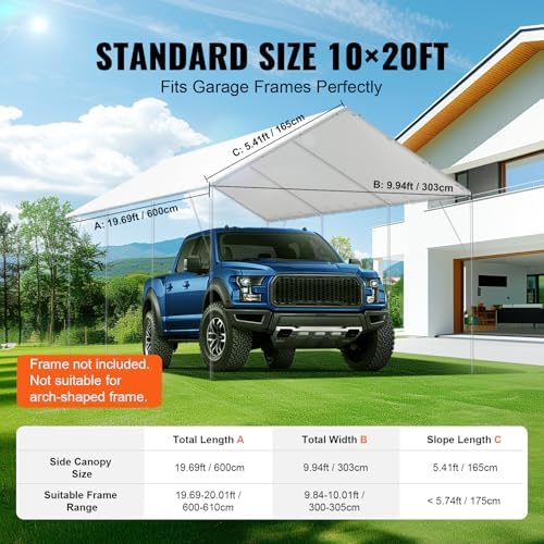 VEVOR 10x20' Canopy Replacement Cover Heavy Duty, Carport Garage Top Tent Shelter Tarp Waterproof & UV Protected, Easy Installation with 40 Free Ball Bungeess(Only Cover, Frame Not Include) - Image 4
