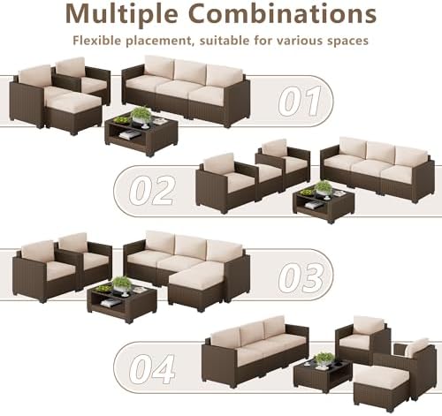 LOUVIXA 7 Piece Outdoor Patio Furniture Set, Rattan Chairs Glass Table Wicker Conversation Seating Sectional Sofa with Cushions (Brown-Beige, 7Pcs-2 Layer Coffee Table) - Image 3