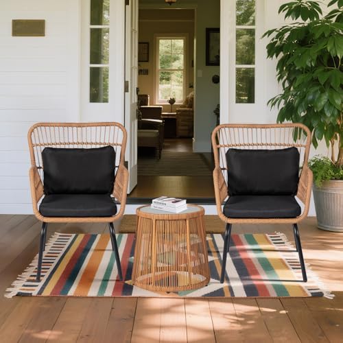 Tappio 3 Piece Outdoor Wicker Bistro Set, Patio Conversation Sets w/2 Large Rattan Chairs and Tempered Glass Table, Patio Furniture for Balcony, Porch, Poolside, Backyard, Black - Image 2