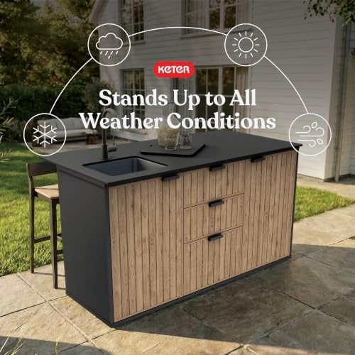 Keter Signature Compact Outdoor Kitchen Island with Sink, Storage Drawers & Cabinet, Brown, Weather-Resistant Resin Patio Prep Table with Countertop - Image 3