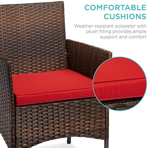 Best Choice Products 3-Piece Outdoor Wicker Conversation Bistro Set, Space Saving Patio Furniture for Garden w/Side Table - Brown/Red - Image 4
