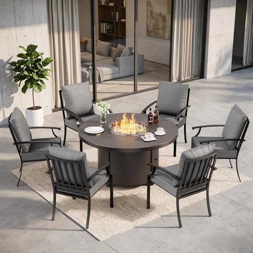 7 Pieces Outdoor Patio Furniture Set with 48" 55000 BTU Round Propane Fire Pit Table,Patio Dining Set Outdoor Conversation Sets 6 Chairs for Deck,Backyard and Garden,Grey by RTDTD