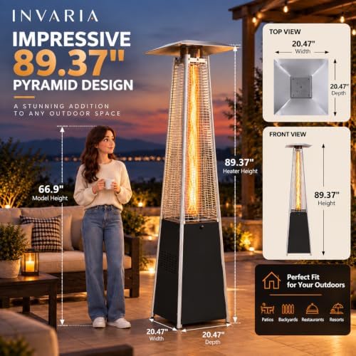 INVARIA Pyramid Patio Heater, 48,000 BTU Propane Outdoor Heater with Glass Tube Flame, ETL Certified, Triple Safety Protection, Wheels & Cover Included for Patio Backyard Poolside (Black) - Image 4