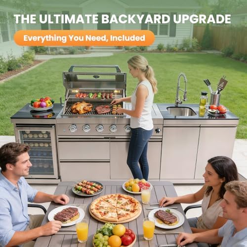 98" Rolling Outdoor Kitchen Island with Built-In 4 Burner 72,000 BTU Stainless Steel Gas Grill Featuring Rotisserie Oven,Granite Countertops,Beverage Fridge,Sink. (Silver + Fridge + Sink, Natural Gas) - Image 5