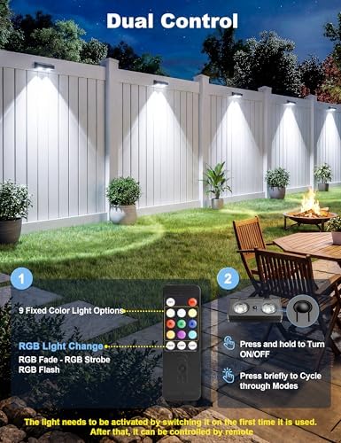 JOFIOS Fence Lights Solar Powered with Remote 12 Pack, Warm White, Cool White and RGB Color Glow LED Solar Lights Outdoor, Dusk to Dawn Solar Fence Lights for Patio, Backyard, Railing, Deck, and Wall - Image 3