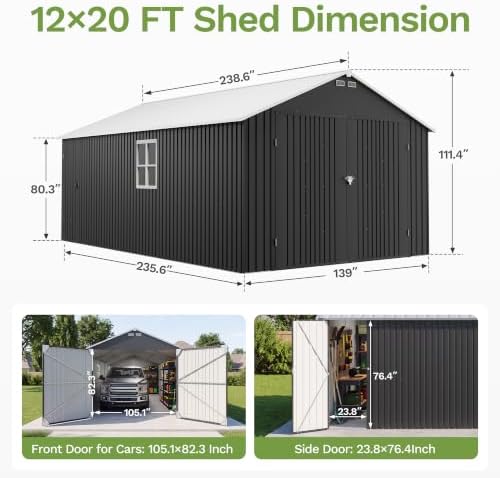 Patiowell 12x20 FT Outdoor Storage Shed, Large Metal Garden Shed, Black - Image 2