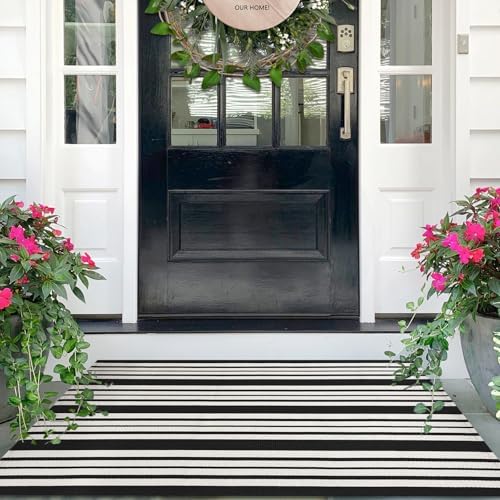 IOHOUZE 2.3x3.6 Striped Outdoor Door Mat, Washable Porch Rug, Black White by iOhouze