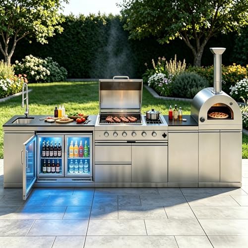 150" Outdoor Kitchen Island,108,000 BTU Propane BBQ Grill with Pizza Oven,Rotisserie,Double Door Refrigerator,Granite Countertop,Storage Cabinets & Drawers,Stainless Steel Build. by INOTEVERITORY
