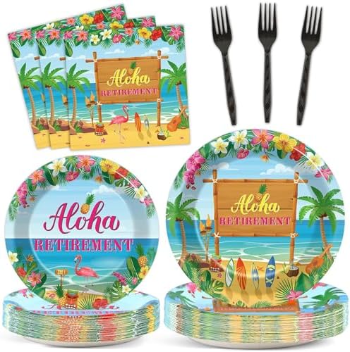 Tropical Hawaiian Luau Happy Retirement Party Decorations Aloha Retirement Party Plates Napkins Beach Paper Plates Summer Aloha Disposable Dinnerware for Hawaiian Beach Theme Decors Supplies Serve 24 by Naozinebi