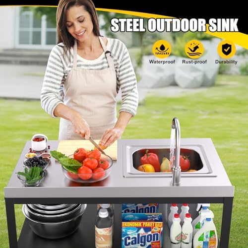 36"H Outdoor Kitchen Sink Station, Outdoor Sink with Hose Hook Up, Stainless Steel Outdoor Utility Sink with Countertop, Freestanding Laundry Sink for Backyard, Garage, Patio, Restaurant - Image 6