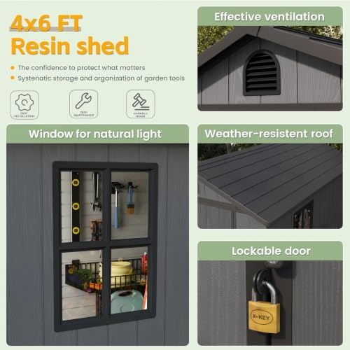 Patiowell 4x6 FT Resin Storage Shed with Floor, Dark Gray - Image 6