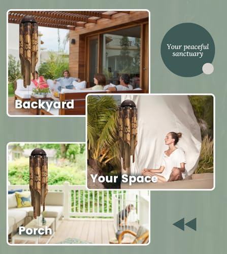 Nalulu Rustic Bamboo Wind Chimes - Outside Outdoor Wooden Windchimes, Large, Floral Burned Design with Coconut Crown, Handcrafted with Calming Deep Tones, Home Decor, Ideal Gift for Him & Her - Image 3