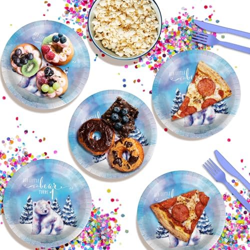 Our Little Polar Bear Turns One First Birthday - 32 Piece Disposable Party Supplies - Decorations for Winter 1st Birthday Round Party Plates - Large 9" Paper Plates In Bulk - Image 5