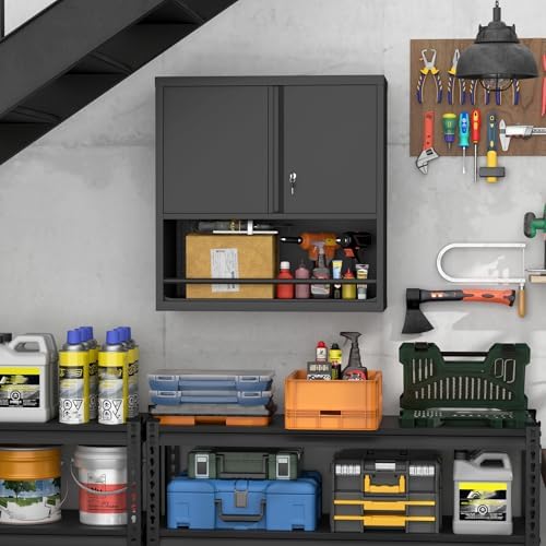 IRONFFICE Garage Storage Cabinets,Metal Wall Cabinet with Doors and Shelves,Locking Storage Cabinet for Workshop,Warehouse,Home Office,Black - Image 5