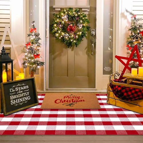 Christmas Red and White Plaid Rug, 4' x 6' Cotton Hand-Woven Layered Door Mat for Front Porch, Entryway, Outdoor Holiday Decor, Washable Buffalo Check Rug for Home, Patio, Kitchen - Image 2