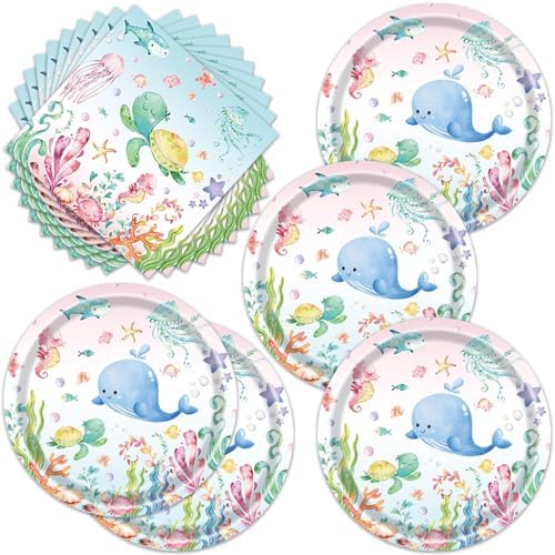 Egami 40pcs Under the Sea Party Supplies,include 20 Dessert plate and 20 Napkin,Ocean Turtle Party Plate Napkin Set,Used for Ocean Sea Animal Party Decoration (multicolor 1) by Egami