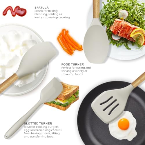 oannao Silicone Cooking Utensils Set - 446°F Heat Resistant Silicone Kitchen Utensils for Cooking,Kitchen Utensil Spatula Set w Wooden Handles, BPA FREE Gadgets for Non-Stick Cookware (Khaki) - Image 3