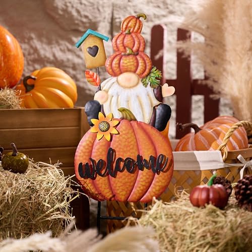 TERESA'S COLLECTIONS Fall Outdoor Decor, Gnomes Decorations for Yard, Metal Pumpkin Fall Garden Decorations, Welcome Signs Stakes, Thanksgiving Orange Autumn Decor for Lawn Patio, 23" - Image 6