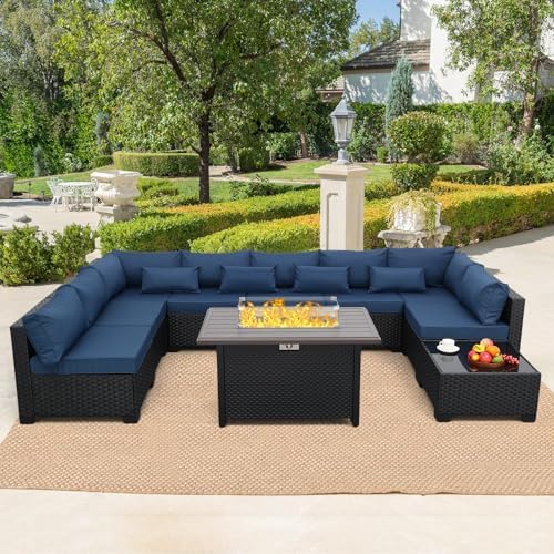 Rattaner 10 Pieces Outdoor Sectional All-Weather Wicker Patio Furniture Set Patio Sectional and Steel Fire Table and Glass Patio Table Non-Slip Cushions and Waterproof Covers, Navy Blue by Rattaner