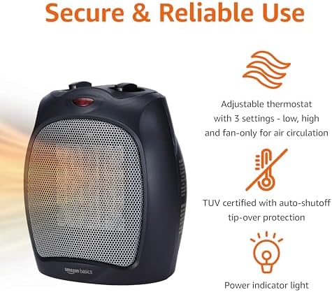 Amazon Basics Ceramic Space Heater, Portable Indoor Heating Solution, With Overheat and Tip-Over Protection, Thermostat, Non-Oscillating, 1500W, 7.52"D x 6.34"W x 9.45"H, Black - Image 2