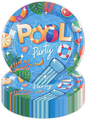 50PCS Pool Party Paper Plates, 7Inch Summer Pool Themed Dessert Plates Disposable Tableware Set Beach Party Supplies Decorations for Birthday, Baby Shower, Hawaii Holiday by Unknown
