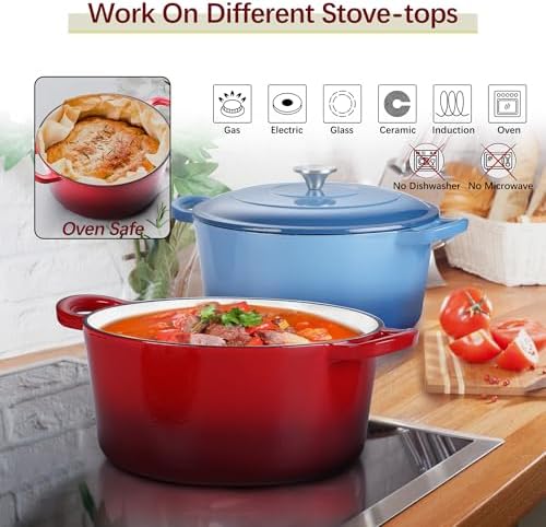 E-far 7QT Enameled Dutch Oven, Cast Iron Dutch Oven Pot with Lid for Cooking/Bread Baking/Braising/Roasting/Stewing, Heavy Duty Round Nonstick Cookware Safe for Induction & Oven - Red - Image 6
