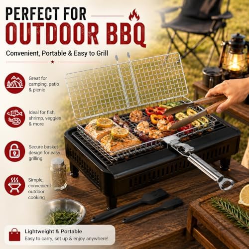 BBQ Grill Basket Set, Stainless Steel Grilling Basket with 12 Inch BBQ Tongs & Oil Sprayer, 12.6 x 8.7 x 2.36 in Folding Barbecue Basket for Fish, Vegetables, Shrimp, Steak, Outdoor Grilling - Image 6