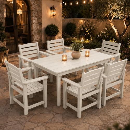 7 Pcs Outdoor Patio Dining Set, HDPE Table & Chairs with Umbrella Hole - Image 2