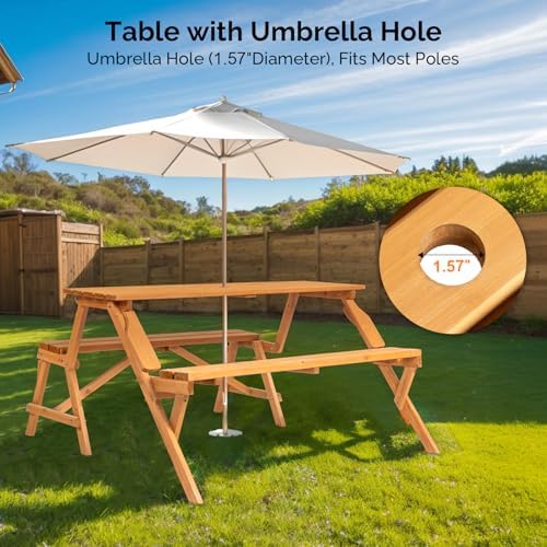 VINGLI 2-in-1 Outdoor Wooden Picnic Table and Bench Set with Umbrella Hole – Convertible Design for Garden, Patio, Porch, Deck – Natural Wood - Image 5